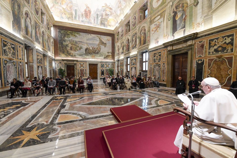 Pope Francis leads an audience with a group of musicians, actors, poets, painters, dancers, sculptors and architects at the Vatican Feb. 17, 2022. (CNS photo/Vatican Media)