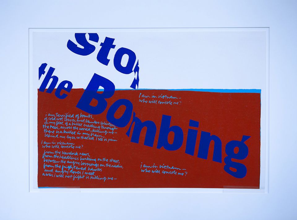 Sr. Corita Kent's 1967 work "Stop the Bombing" is seen Feb. 17 at the Theological College in Washington. (CNS/Tyler Orsburn)