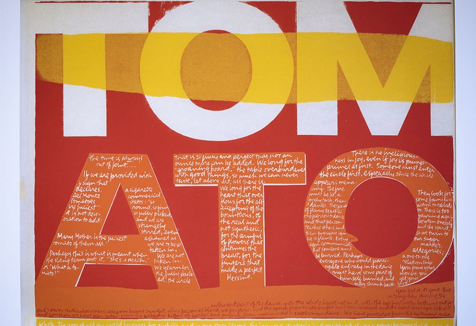 Sr. Corita Kent's 1964 work "The Juiciest Tomato of All" is seen at the Theological College in Washington Feb. 17. An art exhibit of her works, titled "Beauty and the Priest: Preaching with the Artwork of Corita Kent," was displayed through March 3. (CNS) Sr. Corita Kent's 1964 work "The Juiciest Tomato of All" is seen at the Theological College in Washington Feb. 17. An art exhibit of her works, titled "Beauty and the Priest: Preaching with the Artwork of Corita Kent," was displayed through March 3. (CNS)