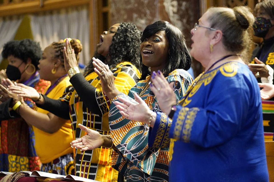 Members of a gospel choir named for Franciscan Sr. Thea Bowman, a Black American candidate for sainthood, sing during a Black History Month Mass of thanksgiving at Immaculate Conception Church in Queens, New York, Feb. 20. (CNS/Gregory A. Shemitz)