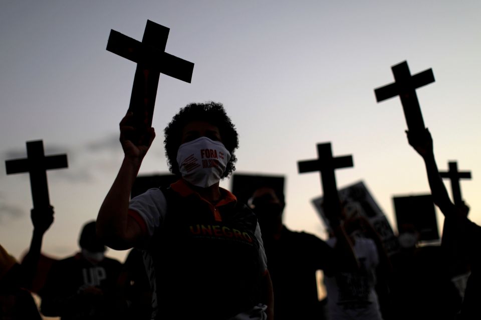 People in Brasilia, Brazil, protest racism and police violence May 13, 2021. (CNS photo/Ueslei Marcelino, Reuters)