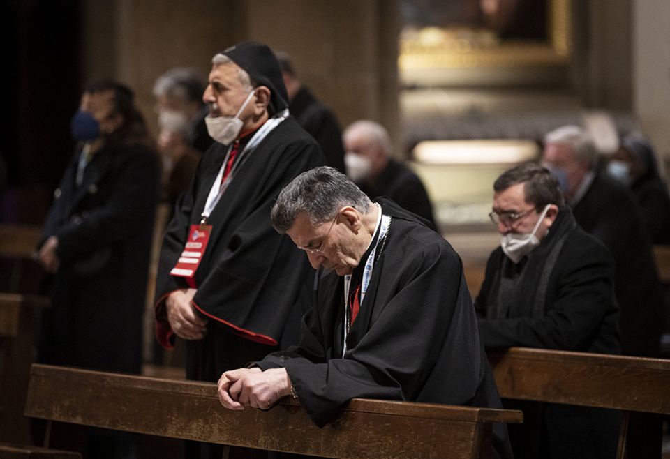 Lebanese Cardinal Bechara Rai, Maronite patriarch, center, and other bishops attending the "Mediterranean for Peace" meeting participate in prayers for peace and against war at the Church of Santa Maria Novella Feb. 24 in Florence, Italy. (CNS)