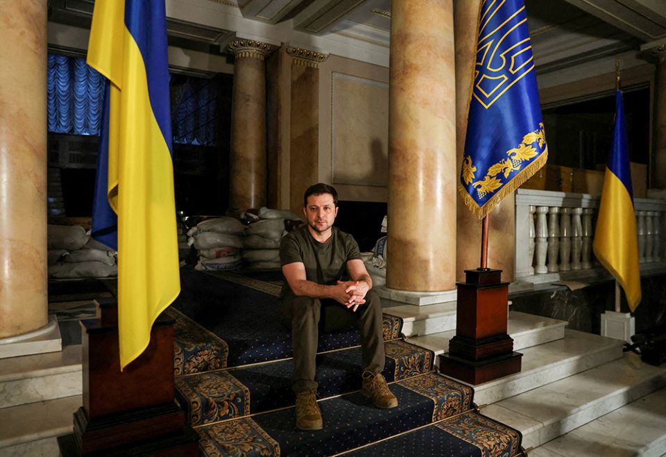 Ukrainian President Volodymyr Zelenskyy poses after an interview with Reuters March 1 in Kyiv, Ukraine (CNS/Reuters/Umit Bektas)