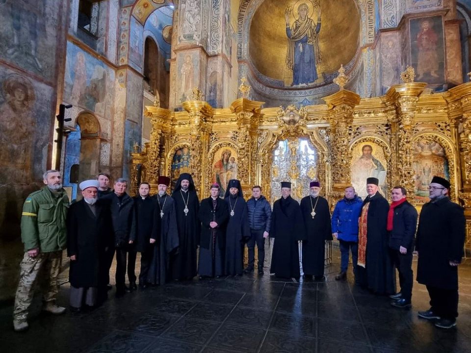 Religious leaders gather at St. Sophia Cathedral in Kyiv, Ukraine, March 2, 2022, to pray for peace, despite the city being shelled with Russian rockets. (CNS photo/risu.ua)
