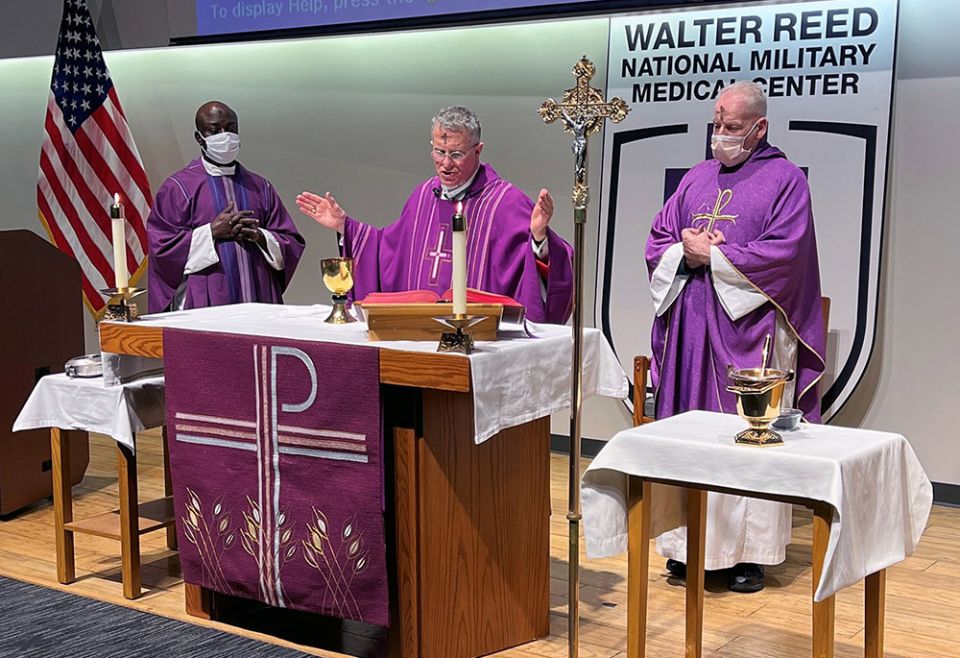 Archbishop Timothy Broglio of the U.S. Archdiocese of the Military Services celebrates Ash Wednesday Mass at Walter Reed National Military Medical Center March 2 in Bethesda, Maryland. (CNS/Courtesy of U.S. Archdiocese of the Military Services)