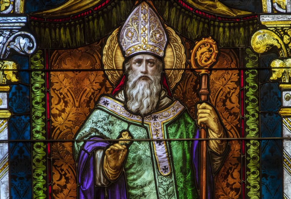 St. Patrick depicted in stained glass at St. Boniface Church in San Francisco. (CNS/Octavio Duran) St. Patrick depicted in stained glass at St. Boniface Church in San Francisco. (CNS/Octavio Duran)