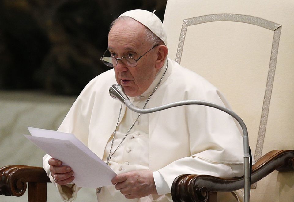 Pope Francis recites a prayer, "Forgive us for the war, Lord," composed by Italian Archbishop Domenico Battaglia of Naples, during his general audience in the Paul VI hall March 16 at the Vatican. (CNS/Paul Haring) Pope Francis recites a prayer, "Forgive us for the war, Lord," composed by Italian Archbishop Domenico Battaglia of Naples, during his general audience in the Paul VI hall March 16 at the Vatican. (CNS/Paul Haring)
