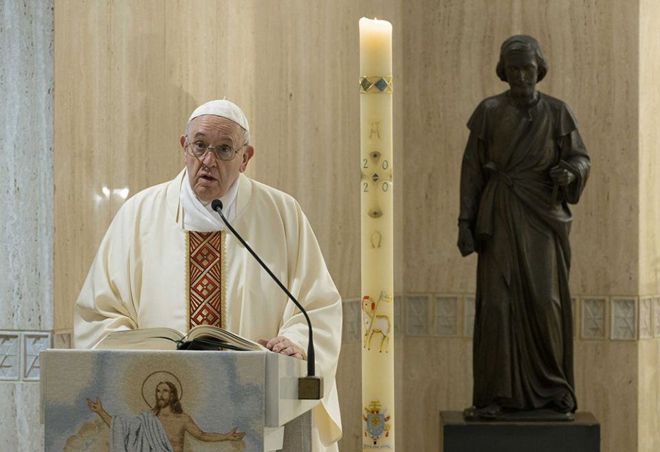 Pope Francis preaches about the dignity of labor and justice for workers during his morning Mass on the feast of St. Joseph the Worker May 1, 2020, in the chapel of his Vatican residence, the Domus Sanctae Marthae. (CNS/Vatican Media)