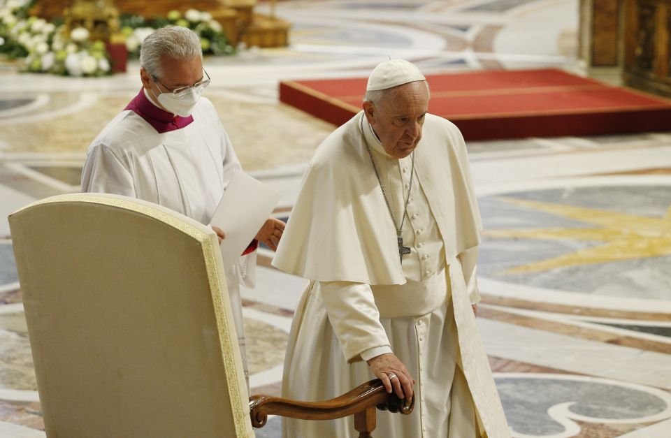 Pope Francis arrives at his seat as he participates in Mass marking the feast of Divine Mercy in St. Peter's Basilica at the Vatican April 24, 2022. (CNS photo/Paul Haring)