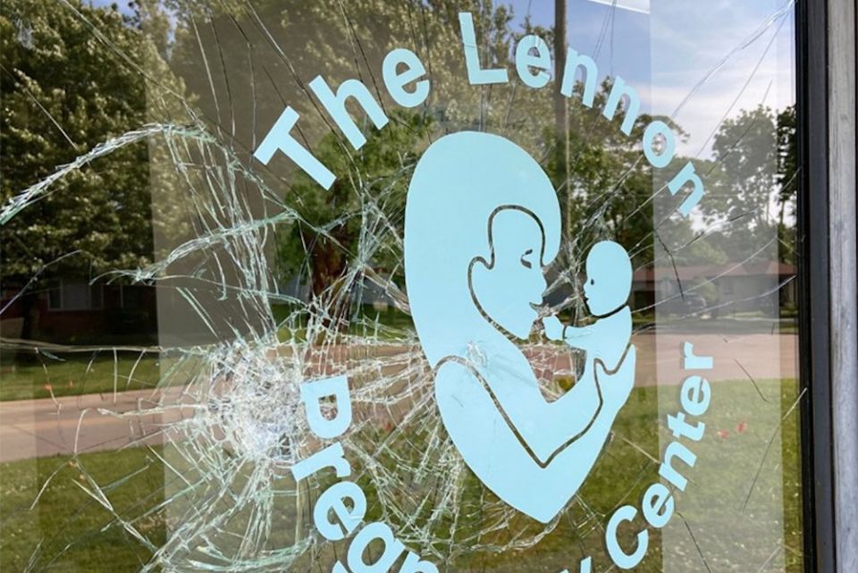 Vandals smashed nearly a dozen windows and spray-painted messages on the side of the building housing the Lennon Pregnancy Center in Dearborn Heights, Michigan on June 20. (CNS screengrab/Facebook, Lennon Pregnancy Center)