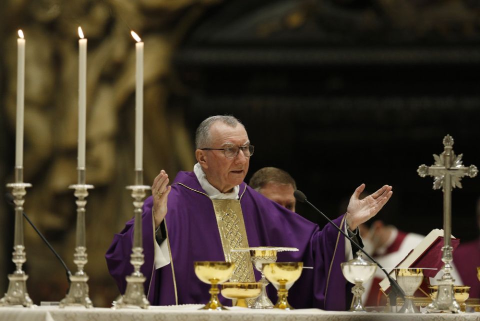 Cardinal Pietro Parolin, Vatican secretary of state, celebrates an evening Mass for peace in Ukraine in St. Peter's Basilica at the Vatican March 16. (CNS/Paul Haring)