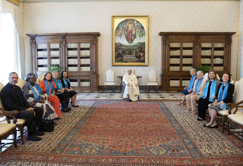Pope Francis meets with a delegation from the World Union of Catholic Women's Organizations in the library of the Apostolic Palace June 11 at the Vatican. (CNS/Vatican Media)