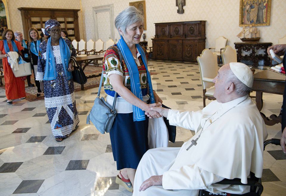 Maria Lia Zervino, an Argentine who is president of the World Union of Catholic Women's Organizations, greets Pope Francis June 11, during a meeting in the library of the Apostolic Palace at the Vatican. (CNS/Vatican Media)