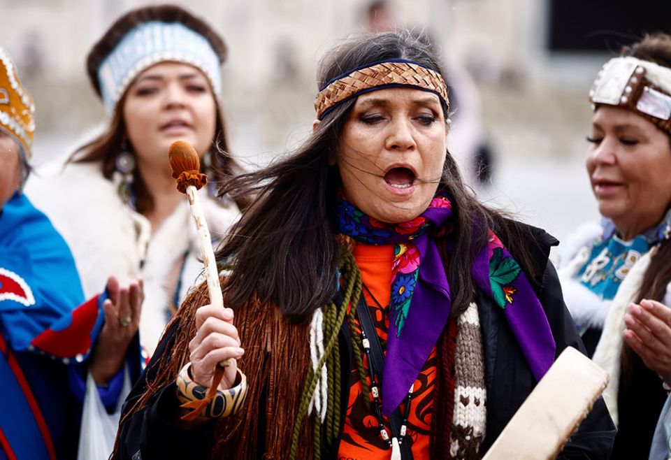 Women from Canada's First Nations are seen in St. Peter's Square after an audience with Pope Francis at the Vatican in April 1. (CNS/Reuters/Yara Nardi)