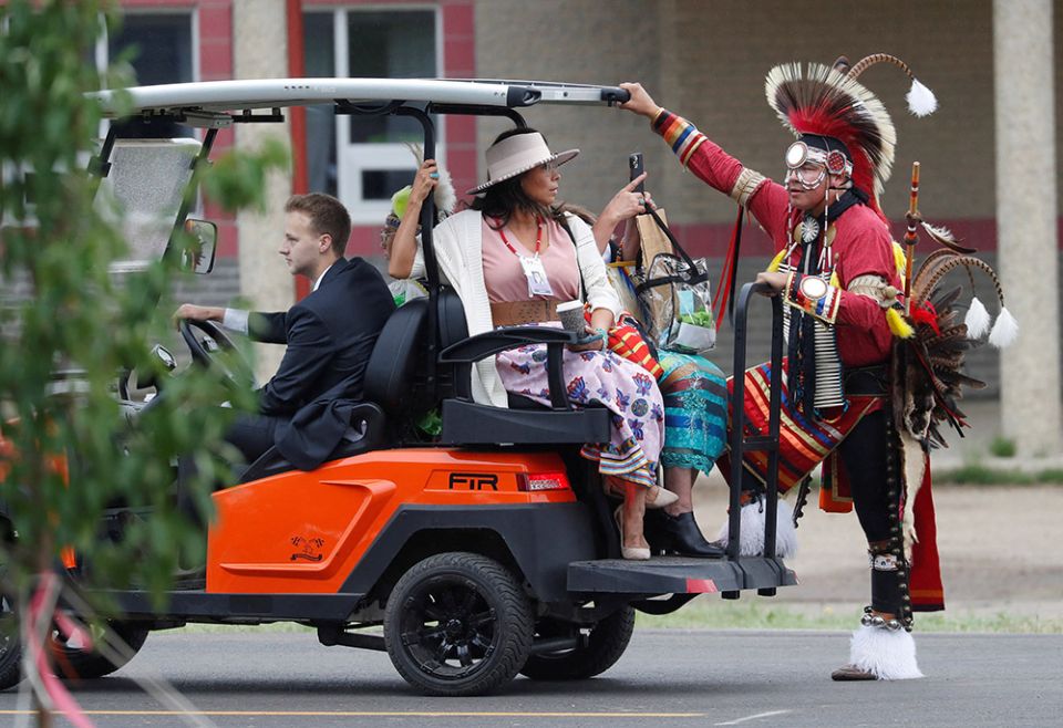 An Indigenous dancer arrives ahead of Pope Francis July 25 in Maskwacis, Alberta, Canada. (CNS/Reuters/Todd Korol) An Indigenous dancer arrives ahead of Pope Francis July 25 in Maskwacis, Alberta, Canada. (CNS/Reuters/Todd Korol)