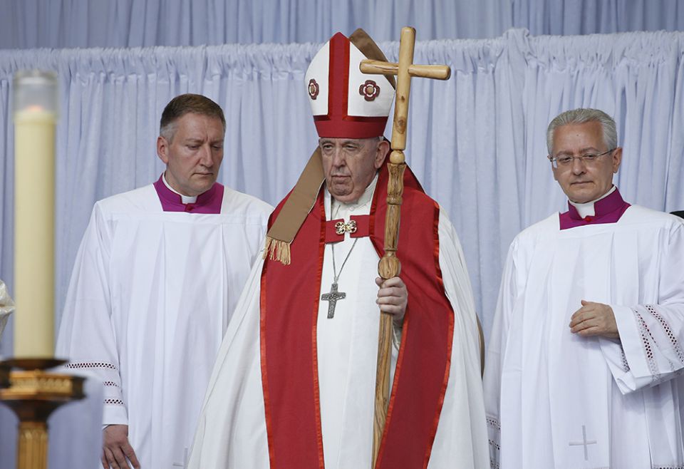 Pope Francis celebrates Mass at Commonwealth Stadium July 26 in Edmonton, Alberta. (CNS/Paul Haring)