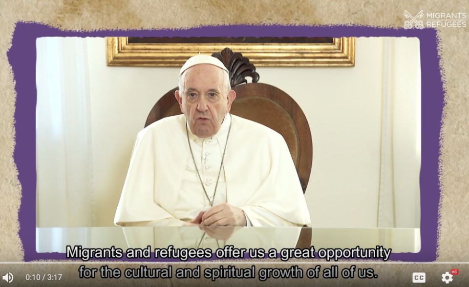 In this video message released July 28, 2022, Pope Francis launched a communications campaign sponsored by the Migrants and Refugees Section of the Dicastery for Promoting Integral Human Development. (CNS screenshot/Vatican Media)