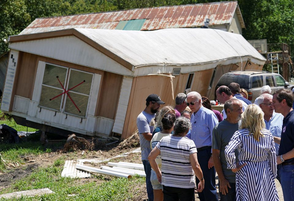 President Joe Biden on Aug. 8 meets with residents affected by the recent flooding in Lost Creek, Kentucky. (CNS/Reuters/Kevin Lamarque)