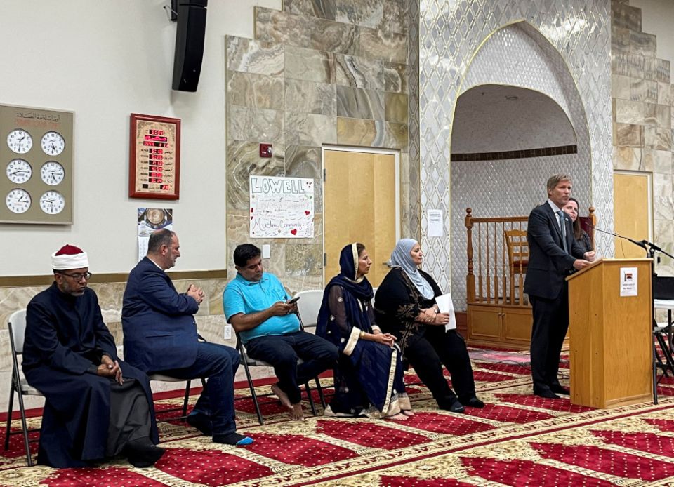 Mayor Tim Keller of Albuquerque, N.M., speaks at an interfaith memorial ceremony at the New Mexico Islamic Center Aug. 9, 2022. The ceremony was held to commemorate four murdered Muslim men came hours after police said they had arrested a prime suspect in