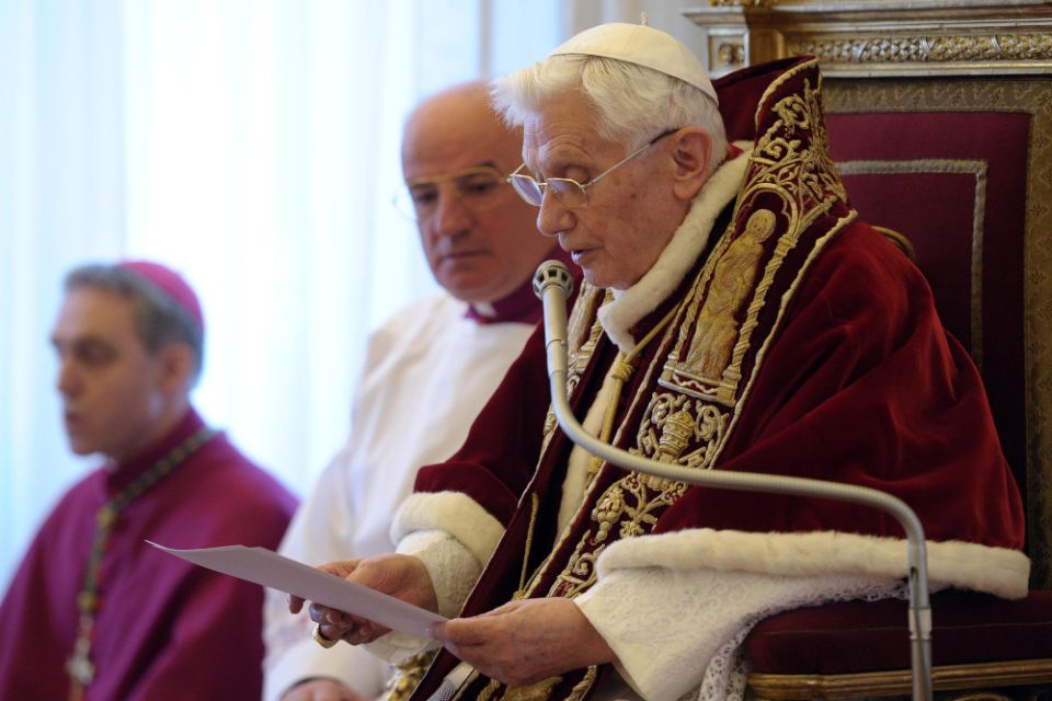 Pope Benedict XVI reads his resignation in Latin during a meeting of cardinals at the Vatican in this Feb. 11, 2013, file photo. (CNS/L'Osservatore Romano)
