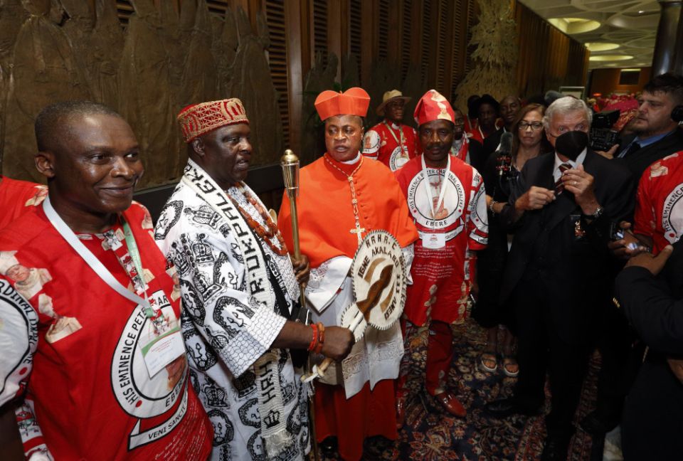 New Nigerian Cardinal Peter Ebere Okpaleke of Ekwulobia is pictured with guests at a reception after a consistory for the creation of 21 new cardinals at the Vatican Aug. 27, 2022. (CNS photo/Paul Haring)