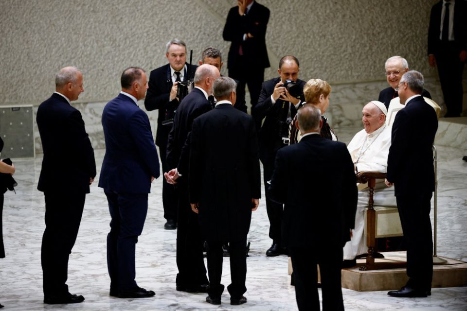 Pope Francis attends an audience with members of Confindustria, the General Confederation of Italian Industry, and members of their families, in the Vatican audience hall