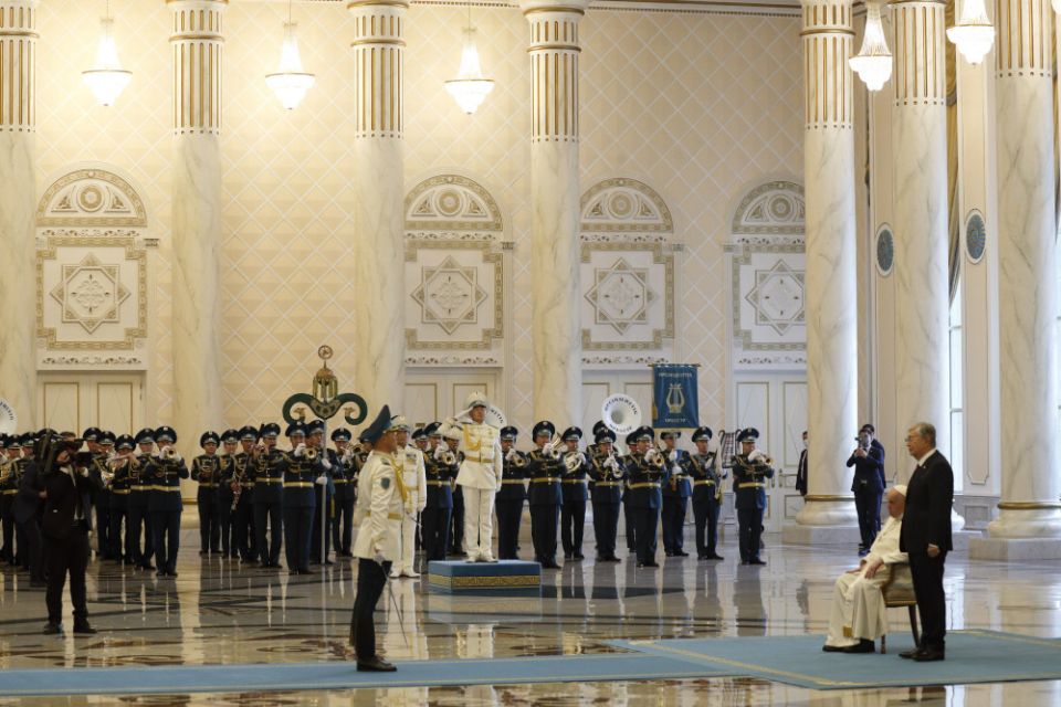 Pope Francis and President Kassym-Jomart Tokayev attend a welcoming ceremony at the presidential palace in Nur-Sultan, Kazakhstan, Sept. 13, 2022. (CNS photo/Paul Haring)