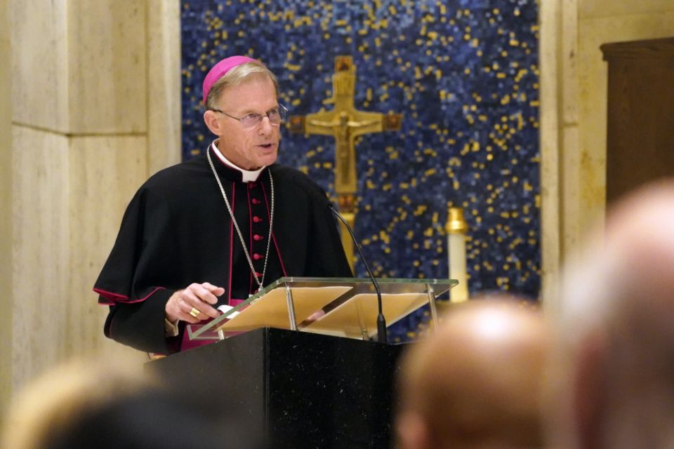 Archbishop John C. Wester of Santa Fe, N.M., offers a reflection on the urgent need for nuclear disarmament during a prayer service for United Nations diplomats at the Church of the Holy Family in New York City