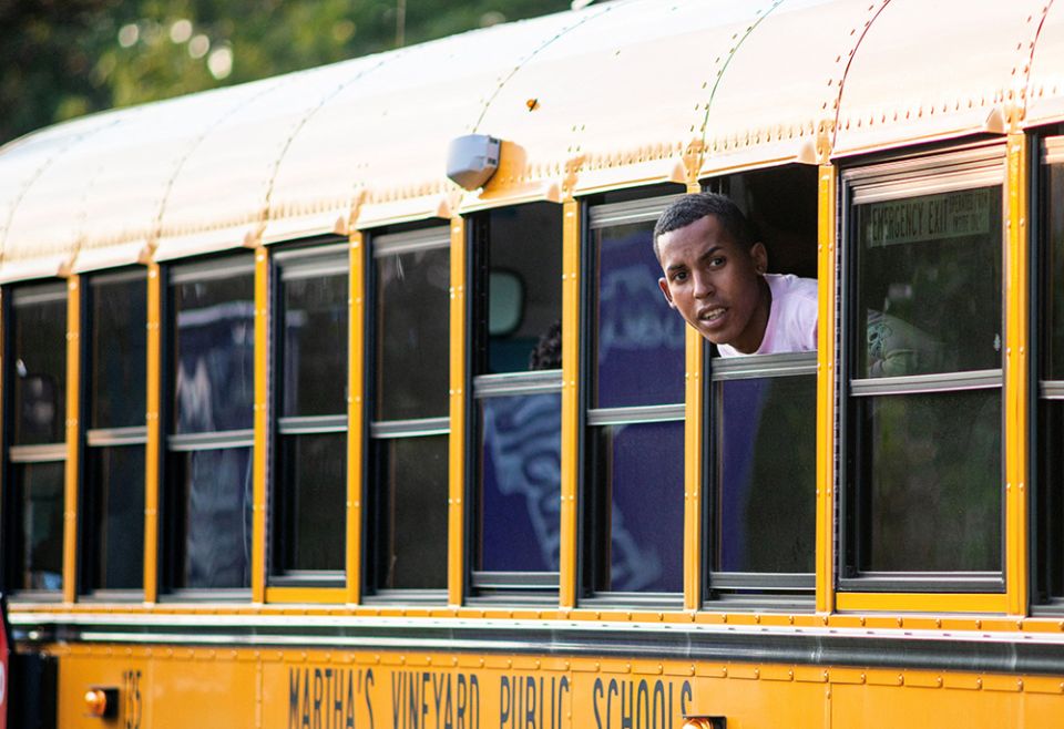 A migrant is seen on a bus Sept. 14 in Martha's Vineyard, Massachusetts. (CNS/Vineyard Gazette via Reuters/Ray Ewing)
