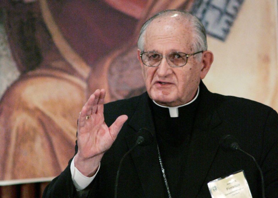 Retired Archbishop Joseph A. Fiorenza of Galveston Houston, speaks at the U.S. Conference of Catholic Bishops' spring meeting in Los Angeles in this June 15, 2006, file photo