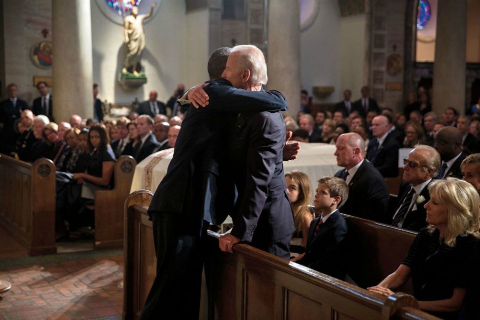 President Barack Obama hugs Vice President Joe Biden after delivering a eulogy during the funeral Mass for Beau Biden at St. Anthony of Padua Catholic Church in Wilmington, Delaware, June 6, 2015. (Flickr/Obama White House/Pete Souza)