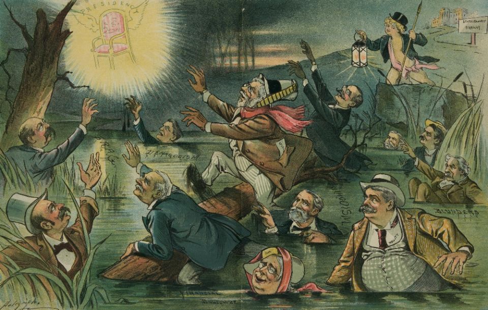 A chromolithograph by Louis Dalrymple in Puck magazine, March 4, 1896, shows presidential hopefuls in a swamp containing "Jingoism," "Blunders" and "Demagogism." (U.S. Library of Congress/Keppler & Schwarzmann) A chromolithograph by Louis Dalrymple in Puck magazine, March 4, 1896, shows presidential hopefuls in a swamp containing "Jingoism," "Blunders" and "Demagogism." (U.S. Library of Congress/Keppler & Schwarzmann)