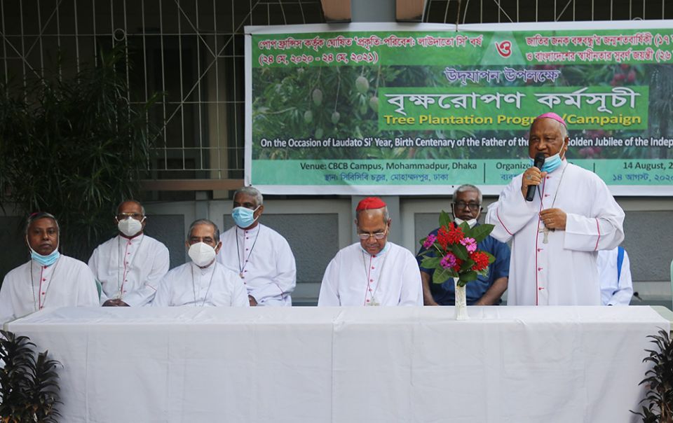 Bishop Gervas Rozario speaks about the tree planting program at the premises of the Catholic Bishops' Conference of Bangladesh in Dhaka Aug. 14, 2020. (Sumon Corraya)