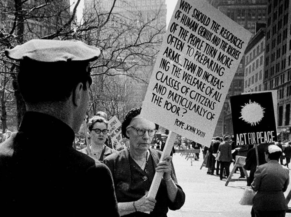 Dorothy Day pickets a civil defense drill in New York City April 17, 1959. (Journey Films/©Vivian Cherry)