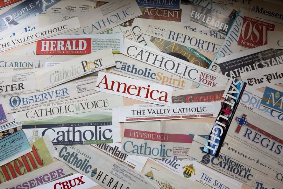 The mastheads of numerous Catholic newspapers are seen in this photo illustration. (CNS/Tyler Orsburn)