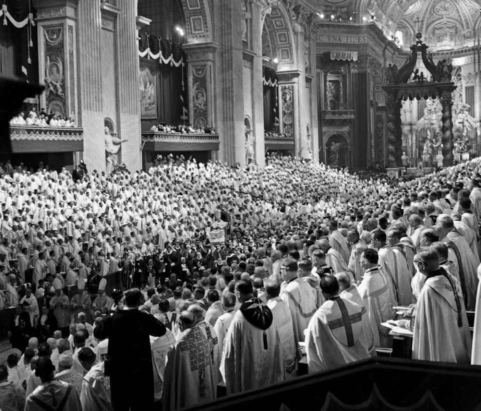 Pope John XXIII leads opening session of the Second Vatican Council.