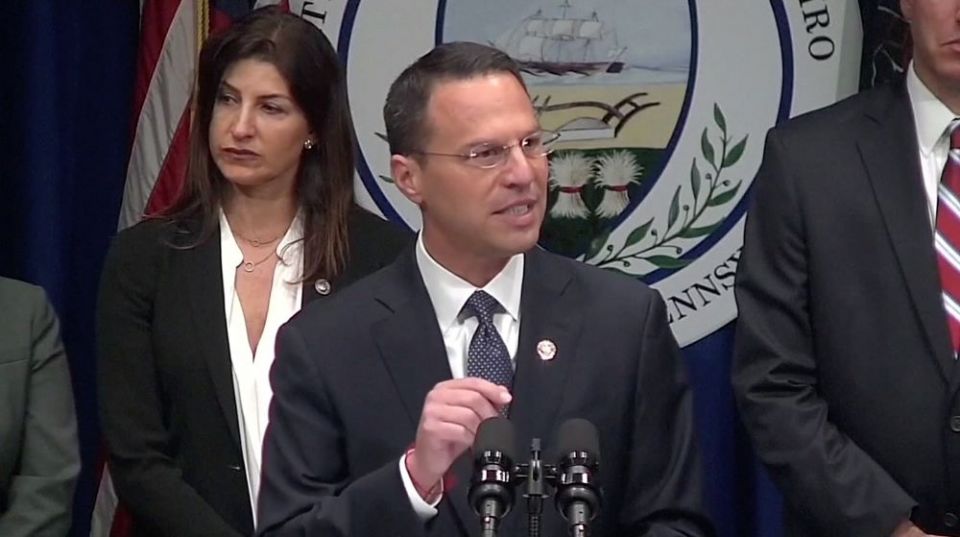In a screen grab taken from video, Pennsylvania Attorney General Josh Shapiro speaks during an Aug. 14, 2018, news conference to release a grand jury on a monthslong investigation into abuse claims spanning a 70-year period in the dioceses of Harrisburg, 