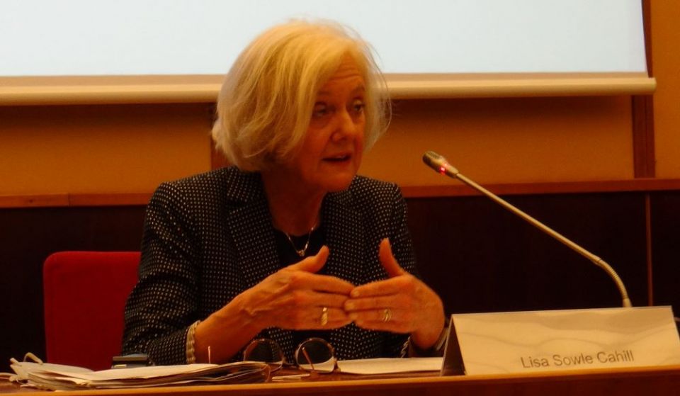 Boston College theologian Lisa Sowle Cahill speaks at the conference on Amoris Laetitia at Rome's Gregorian University. (Courtesy of the Pontifical Gregorian University/Arnaldo Casali)