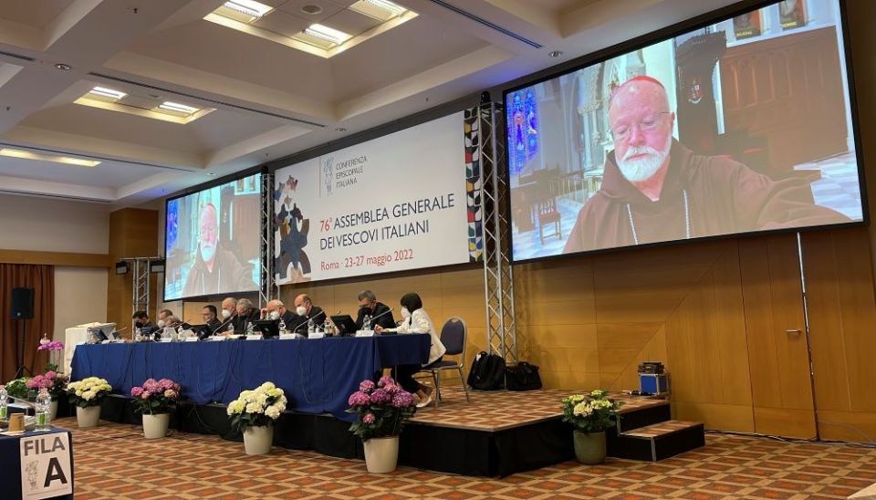 Members of the Italian bishops' conference listen to a video message from Boston Cardinal Seán P. O'Malley, president of the Pontifical Commission for the Protection of Minors, during their spring meeting in Rome May 25. 