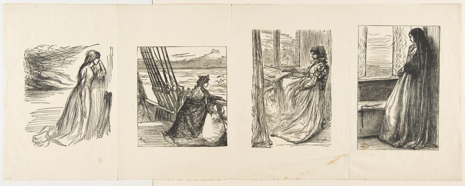 "The Relief Fund in Lancashire, The Major's Daughter, The Morning Before the Massacre of St. Bartholomew, and The Nun in 'Count Burkhardt' (Once a Week)," 1862 engraving after James McNeill Whistler (Courtesy of National Gallery of Art) "The Relief Fund in Lancashire, The Major's Daughter, The Morning Before the Massacre of St. Bartholomew, and The Nun in 'Count Burkhardt' (Once a Week)," 1862 engraving after James McNeill Whistler (Courtesy of National Gallery of Art)