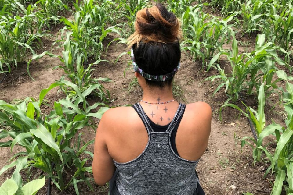 Mee-Kai Spottedhorsechief, a Pawnee, is in a garden of white flour corn in Nebraska. On the back of her neck is a tattoo of Pawnee four-pointed stars. (Ronnie O’Brien)