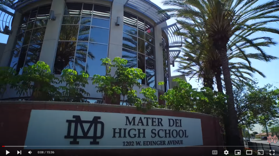 The front of Mater Dei High School in Santa Ana, California, is seen in a virtual tour of the school.(NCR screengrab/YouTube/Mater Dei High School) 