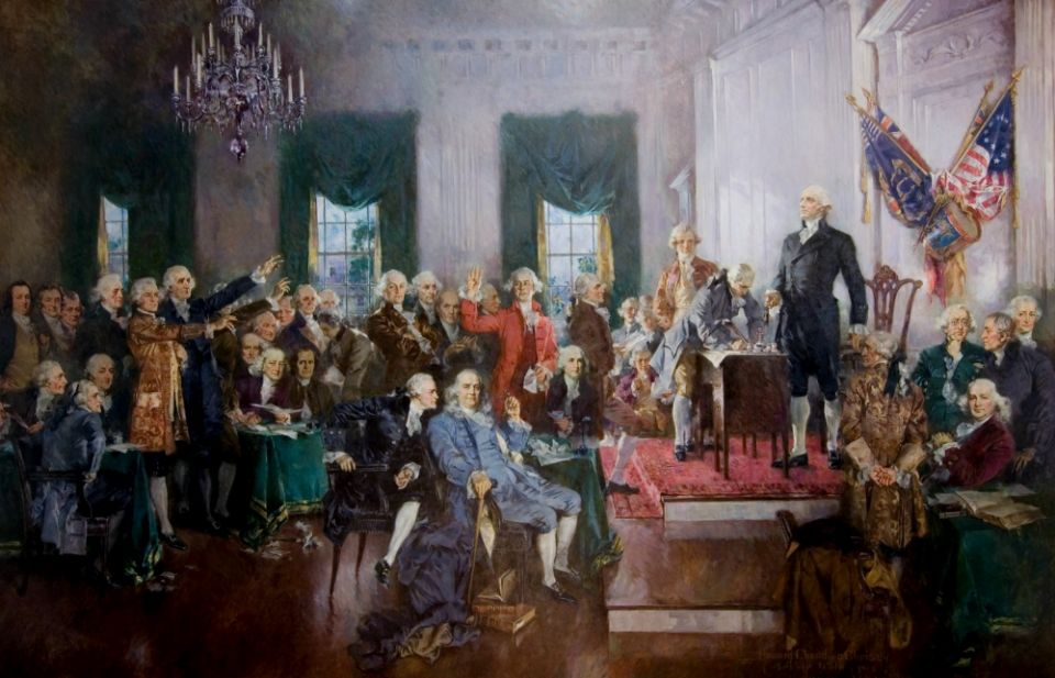 "Scene at the Signing of the Constitution of the United States," a 1940 painting by Howard Chandler Christy, is seen in the U.S. Capitol building. (Flickr/Architect of the Capitol)