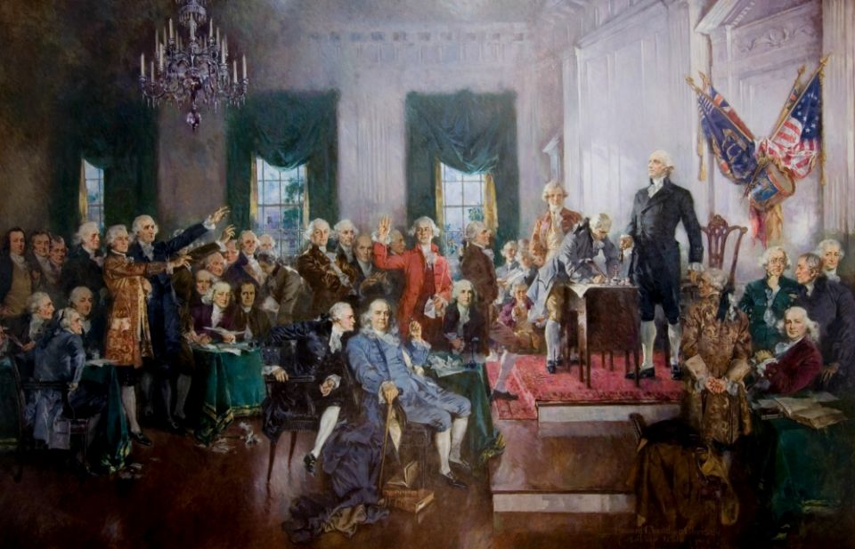 "Scene at the Signing of the Constitution of the United States," a 1940 painting by Howard Chandler Christy, is seen in the U.S. Capitol building. (Flickr/Architect of the Capitol) "Scene at the Signing of the Constitution of the United States," a 1940 painting by Howard Chandler Christy, is seen in the U.S. Capitol building. (Flickr/Architect of the Capitol)