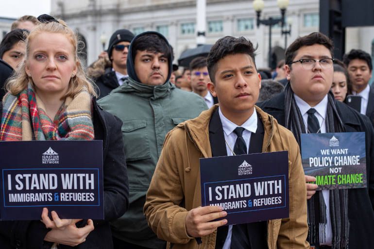 Students of Jesuit schools take part in a public demonstration for immigration reform and environmental justice outside Union Station in Washington D.C. Nov. 18 on the final day of the Ignatian Family Teach-in for Justice. (Ignatian Solidarity Network)