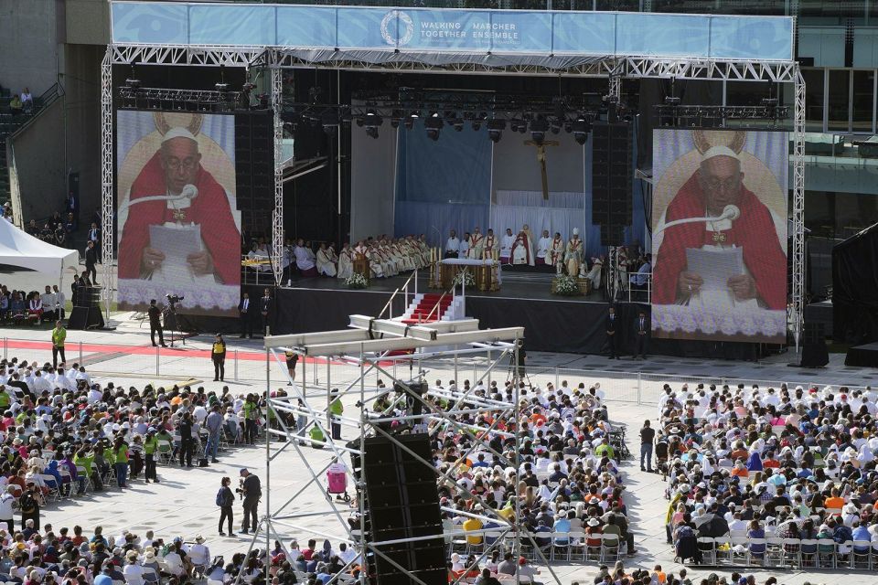Pope Francis presides over a Mass at the Commonwealth Stadium in Edmonton, Canada, July 26. Francis is on a second day of a "penitential" six-day visit to Canada to beg forgiveness from survivors of the country's residential schools. (AP/Gregorio Borgia)