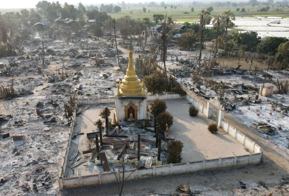An aerial view of burned Bin village in Myanmar's Sagaing region is seen Feb. 3, 2022, after villagers say it was set ablaze by the Myanmar military. (CNS/Reuters)