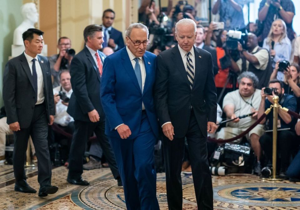 In this July 14, 2021, file photo, Schumer and President Joe Biden speak to the press at the U.S. Capitol in Washington, D.C. (Flickr/Official White House Photo/Adam Schultz)