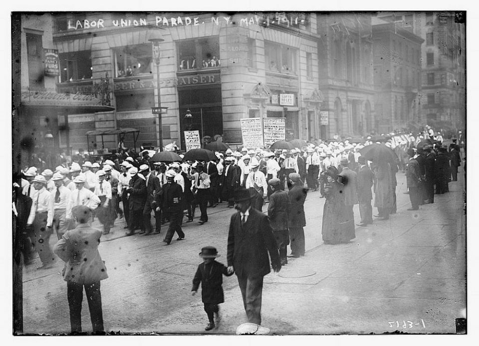 The 1911 May Day parade in New York City parade paid special tribute to the victims of the recent Triangle Waist Co. fire about two months earlier. (Library of Congress/Bain News Service collection)