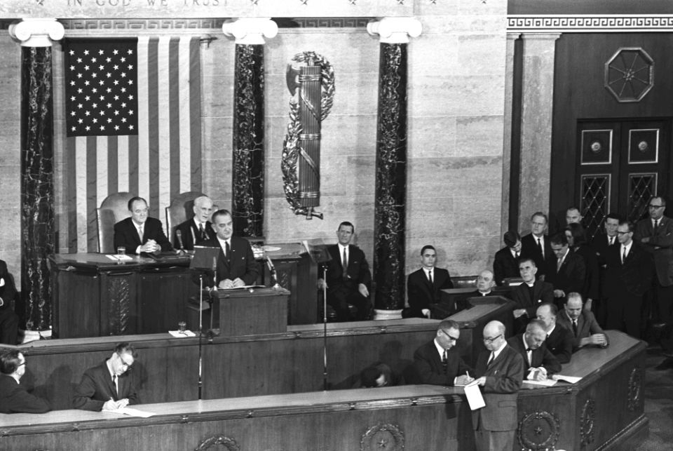 President Lyndon Johnson delivers his "We Shall Overcome" address to Congress, urging passage of voting rights legislation, at the U.S. Capitol in Washington, D.C., on March 15, 1965. (LBJ Library/Cecil Stoughton)